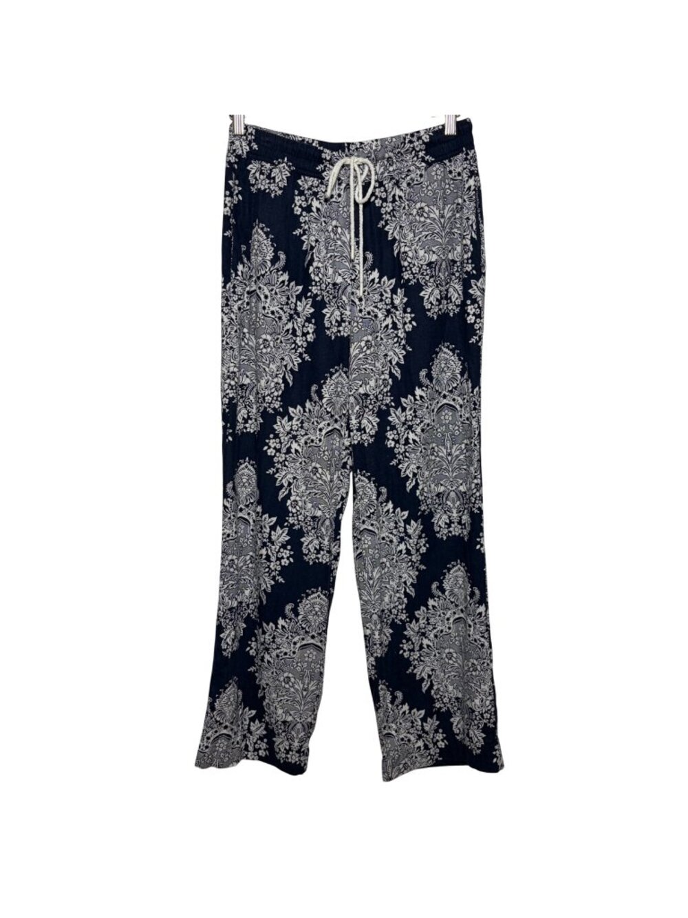 Joie Floral Linen Blend Wide Leg Pants Navy Blue Pull On Medium Lightweight
